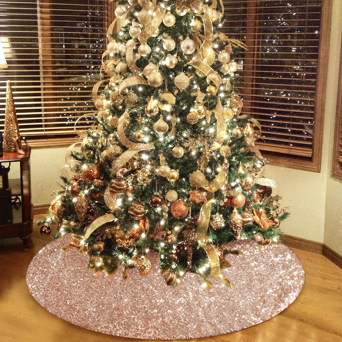 Rose Gold Christmas Tree Skirt, Sequin Glitter 48 Inch Double Layers