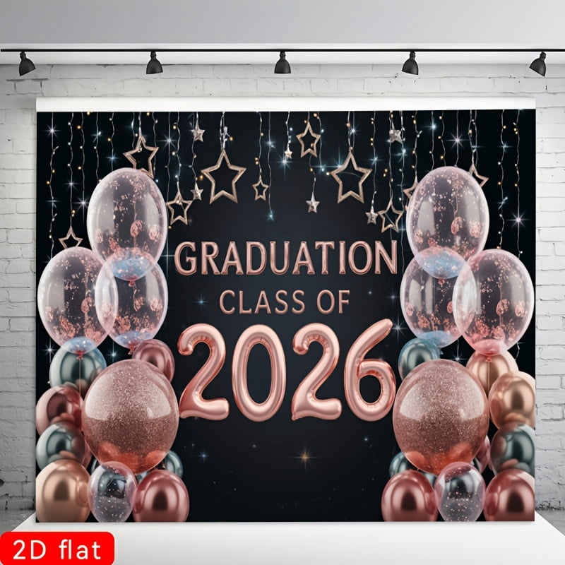 Rose Gold Class of 2026 Graduation Backdrop Pink Glitter Balloons Stars ...