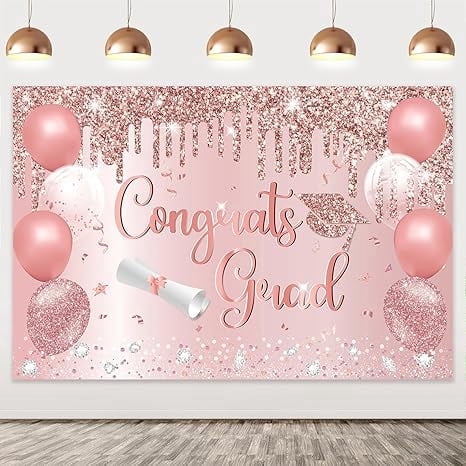 Rose Gold Congrats Grad Backdrop Graduation Decorations Class of 2025 Ceremony Banner Bachelor Cap Photography Background Rose Golden Printed Balloon Props Banner for Prom Party Decor Supplies 5x3ft