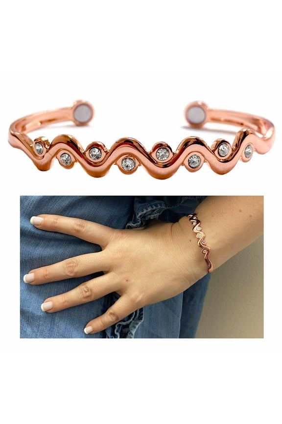 Rose Gold Copper Cuff Bracelet Crystal Magnetic Healing Therapy Arthritis Women