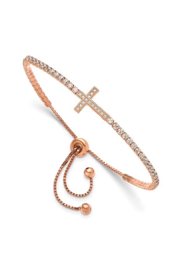 Rose Gold Cross Pendant Bracelet for Men and Women Adjustable Box Chain with Cubic Zirconia Horizontal Charm Spiritual Minimalist Wrist Jewelry with Sliding Clasp