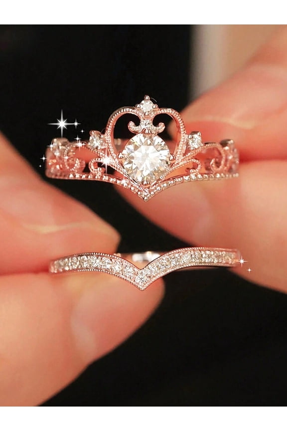 Rose Gold Crown Princess Cubic Zirconia V-Shaped Geometric Ring Set For Party Daily Wear