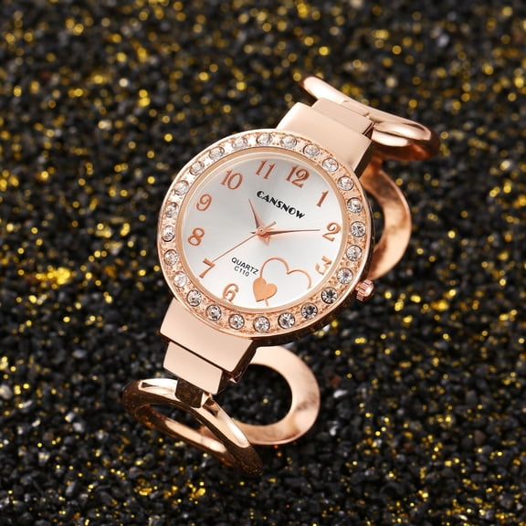 Rose Gold Crystal Bracelet Watch for Women White Dial Quartz Bangle Watch with Heart Accent Classic Elegant Wristwatch