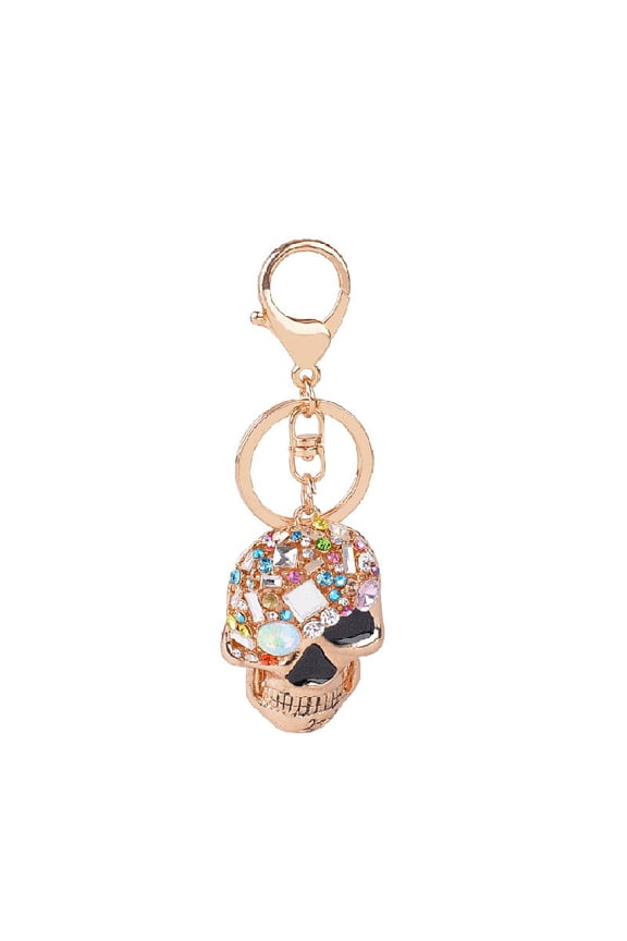 Rose Gold Skull Keychain - Colorful Rhinestone Encrusted Charm Key Ring for Punk Bag Decor, Halloween & Gothic Gift