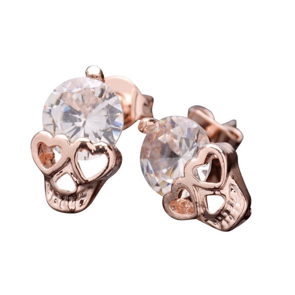 Rose Gold Skull Stud Earrings - Rhinestone Diamond Gothic Pierced Jewelry for Women, Halloween & Everyday Goth Fashion Accessories
