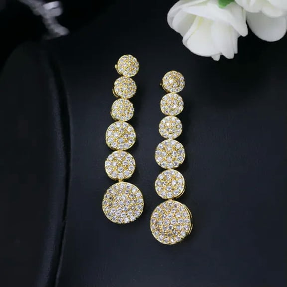 Rose Gold Cubic Zirconia Long Round Drop Earrings for Bridal Wedding