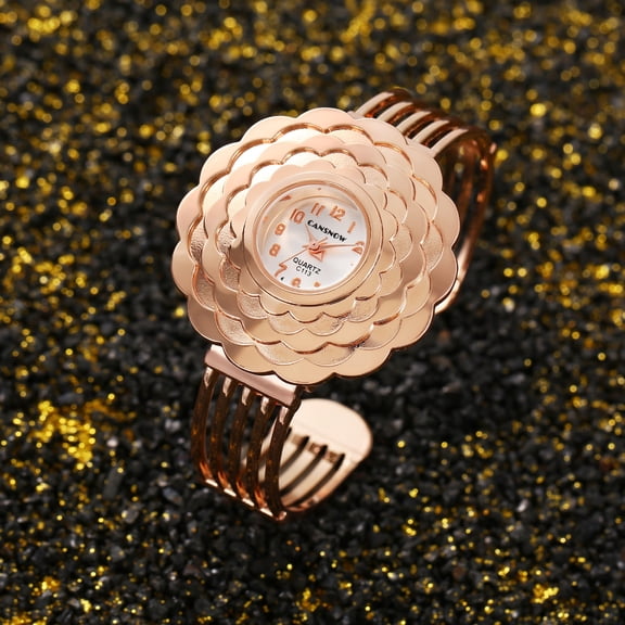 Rose Gold Cuff Watch: Bold Floral Elegance Elegant Metal Band for Glamour