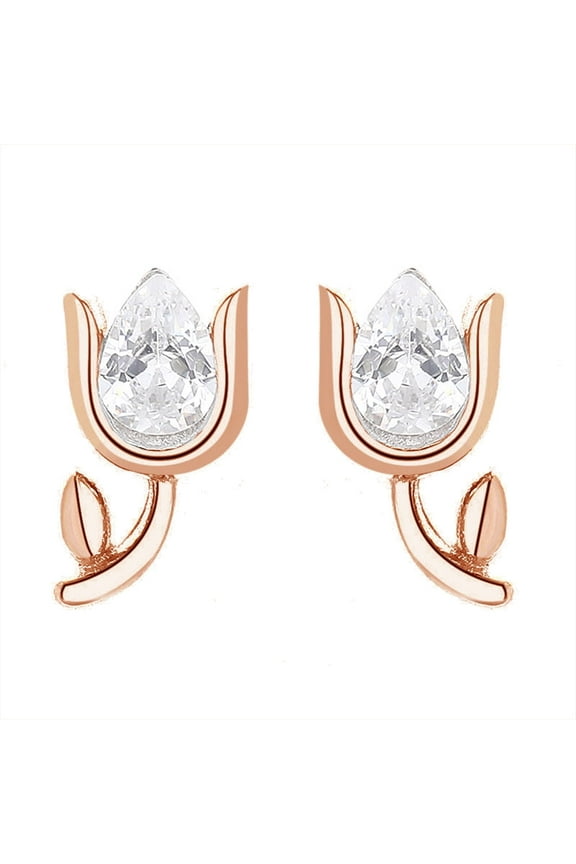 Rose Gold Cute Tulip Flower Stud Earrings for Women 925 Sterling Silver Teardrop Crystal Floral Cartilage Tiny Small Studs