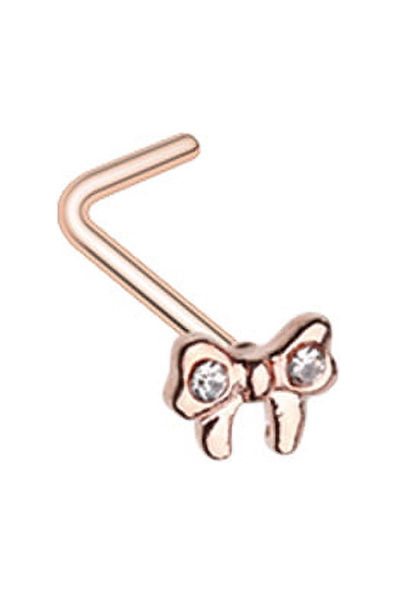Rose Gold Dainty Bow-Tie Sparkle Gem L-Shape Nose Ring