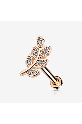 Rose Gold Dainty Leaflet Sparkle Interally Threaded Labret