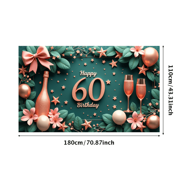 Rose Gold Decorations Happy 60 Birthday Banner Star Flower Design Celebration Props for Milestone Celebration Elegant Party Adult Gathering