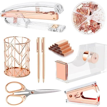 Rose Gold Desk Accessories, Acrylic Stapler Set Staple Remover, Tape Holder, Pen Holder, 2 Ballpoint Pen, Scissor, Binder Clips, Paper Clips and 1000Pcs Staples