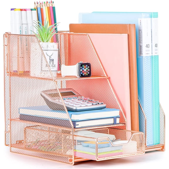 Rose Gold Desk Accessories, Office Supplies Desk Organizer Caddy with Sliding Drawer, Double Tray, File Organizer and pen holder for Home, Office School