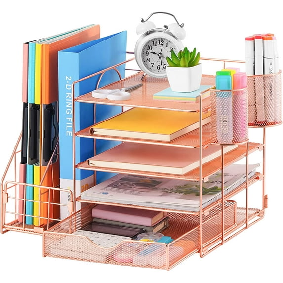 Rose Gold Desk Organizer with File Holder, 5-Tier Paper Letter Tray Organizer and Drawer, Mesh Desktop Storage with Magazine Holder for Office Supplies