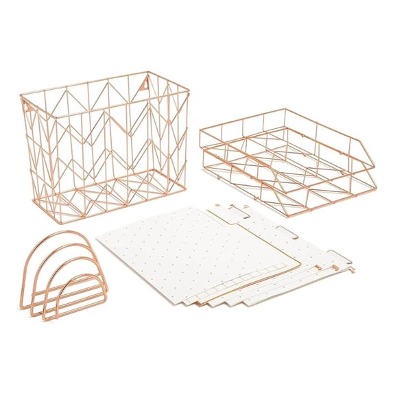 Rose Gold Desk Organizer Set - 10 Piece Office Filing Set with Letter Trays & Folders - Metal Wire Desk Accessories for Women - Stylish Desk Decor & Office Gifts