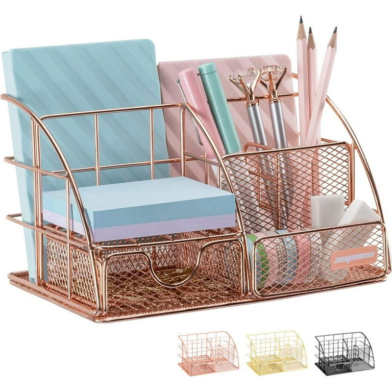 Rose Gold Desk Organizer for Women, Mesh Office Supplies Desk Accessories,  Features 5 Compartments + 1 Mini Sliding Drawer