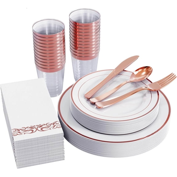 Rose Gold Dinnerware Set for Guests - Rose Gold Rimmed White Disposable Plastic Plates Heavy Duty, Includes Dinner & Salad Plates, Cups, Cutlery Set for Wedding Parties