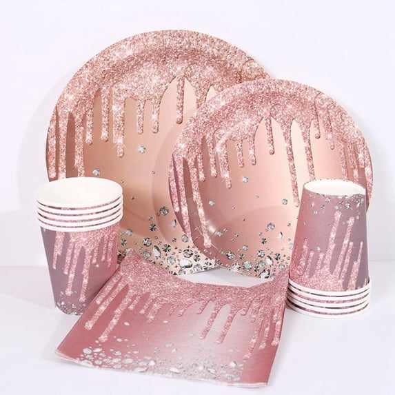 Rose Gold Dinnerware Set Party Supplies - Rose Gold Paper Plates/Tableware/Cutter/Fork/Spoon/Cutlery Disposable Dinnerware Sets for Birthday Thanksgiving Christmas