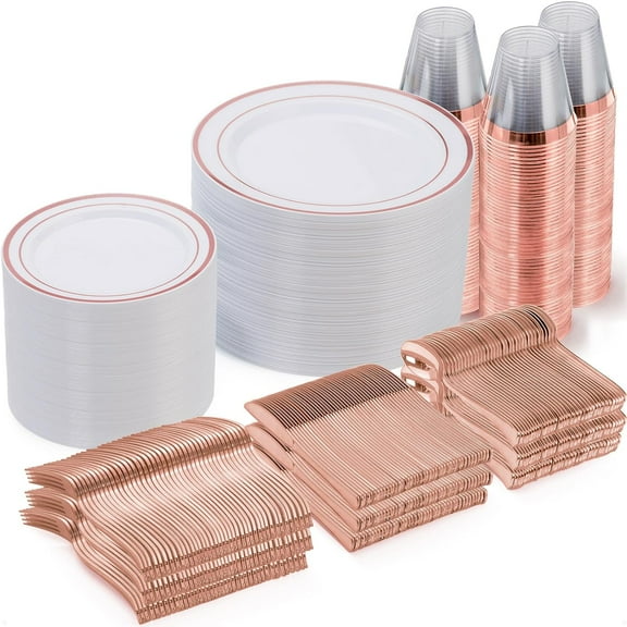 Rose Gold Disposable Dinnerware Set for 100 Guests Includes Plates Forks Spoons Knives and Cups