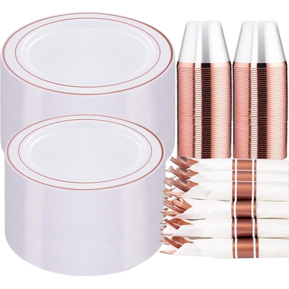 Rose Gold Disposable Dinnerware Set for 50 Guests Including Plates Cups Flatware and Rolled Napkins