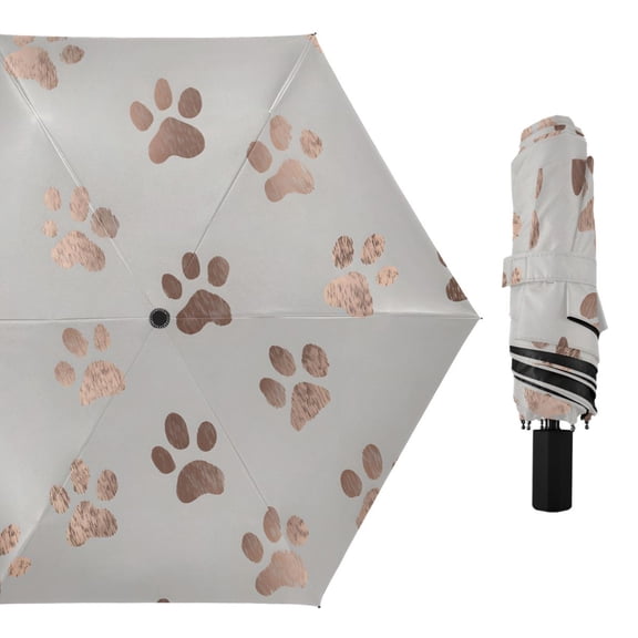 Rose Gold Dog Paws Pattern Cute All Weather Umbrella Triple Folding Parasol 6 Ribs UV Protection Portable