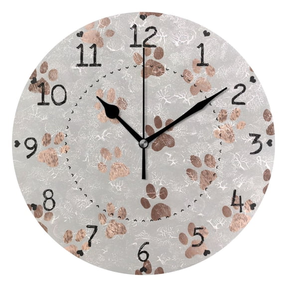 Rose Gold Dog Paws Pattern Cute Round Wall Clock Silent Analog Battery Operated Black Pointer Home Decor 9.84" Diameter