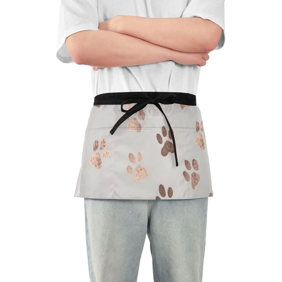 Rose Gold Dog Paws Pattern Cute Short Server Apron with 3 Pockets for Unisex Chef Gardening