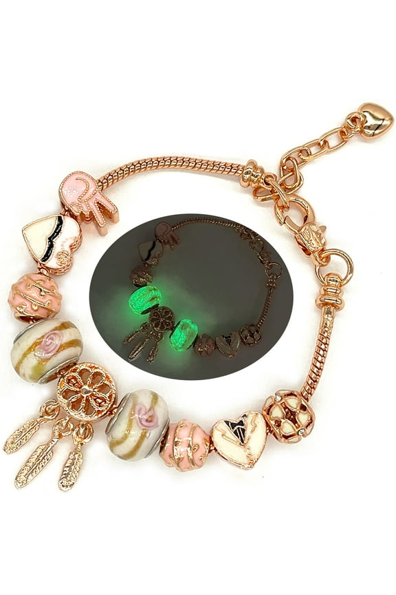 Rose Gold Dream Catcher Charms Bracelet with Glow in the Dark Murano Glass Beads Snake Chain Firefly Crystal Beads Bracelets for Women & Girls