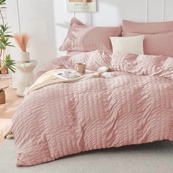 Rose Gold Duvet Cover King Size, Ultra Soft 3-Piece Seersucker Duvet Cover Set with Zipper Closure, Soft Brushed Microfiber Bedding Set with 8 Corner Ties (104"x90", 2 Pillowshams