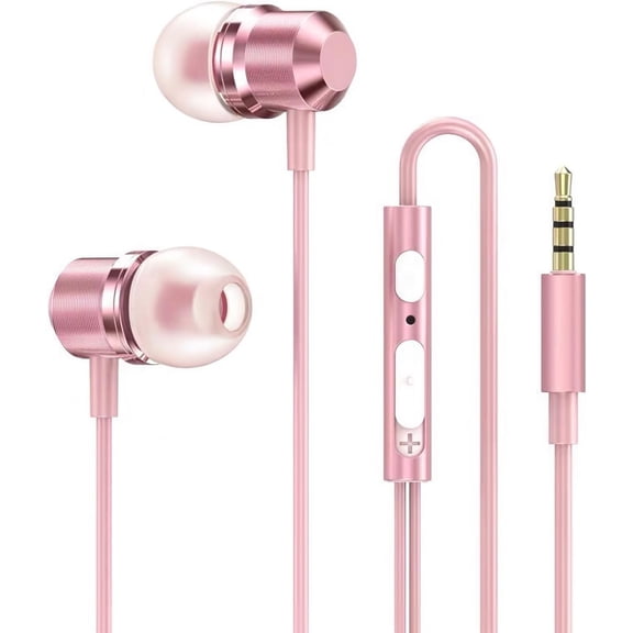 Rose Gold Earbuds, Girls Pink Earphones Wired with mic, Volume Control in Ear Headphones 3.5mm for Smartphones Mp3 Tablet Laptop