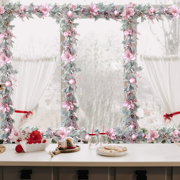 Rose Gold Elegance Pink Electroplated Christmas Flower Wreath - Flocked PE Pine Needle Rattan Ring Holiday Door Decor