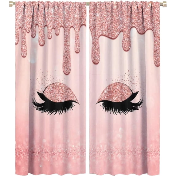 Rose Gold Eyelash Rod Pocket Blackout Curtains for Living Room,Thermal Insulated Room Darkening Modern Feminine Makeup Themed Dripping Glitter Print Window Curtains,42x54in