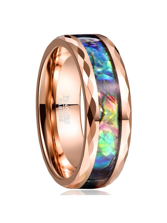 Rose Gold Faceted Men's Tungsten Steel Ring with Abalone Shell Inlay