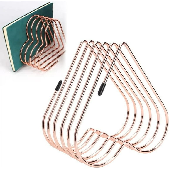Rose Gold Files Folder Stand, Vinyl Record Organizer 5 Slot Heart Shaped Desk Book Storage Rack Desktop File Holder Metal Magazine Holder Bookshelf for Home