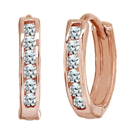Rose Gold Flash Silver 13mm Channel-set CZ Round Huggie Hoop Earrings
