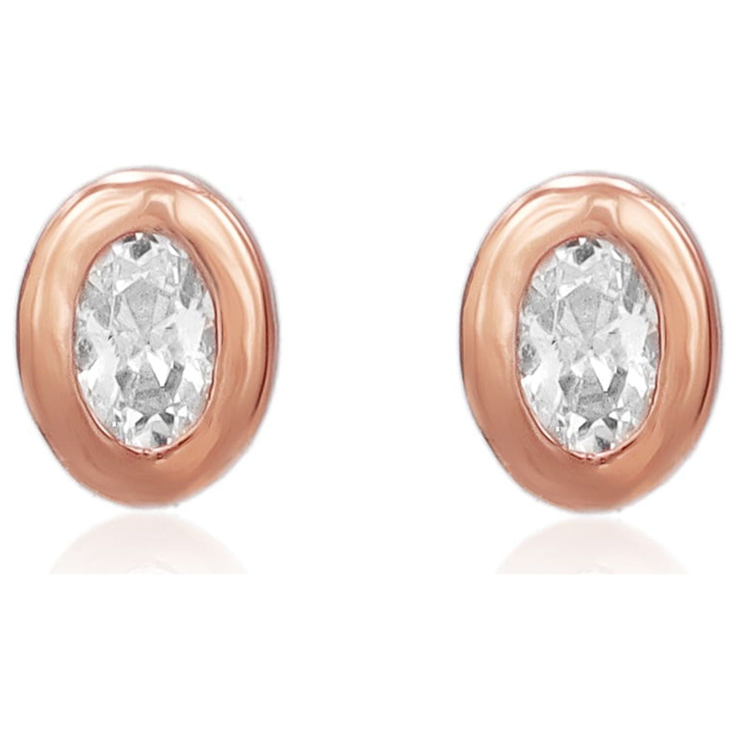 Rose Gold Flash Sterling Silver CZ Bezel-Set Oval Stud Earrings