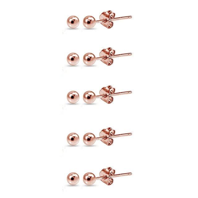 Rose Gold Flashed Sterling Silver 2mm Polished Ball Bead Stud Earrings Set of 5