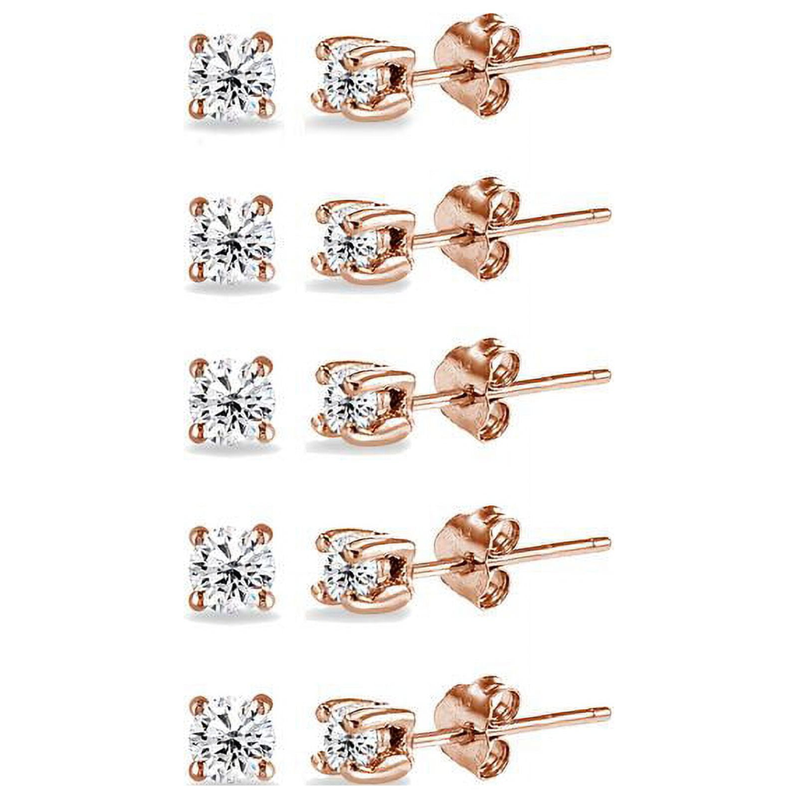 5 Pair Rose Gold Sterling Silver Cubic Zirconia Stud Earrings Set - 2mm To 6mm Round CZ