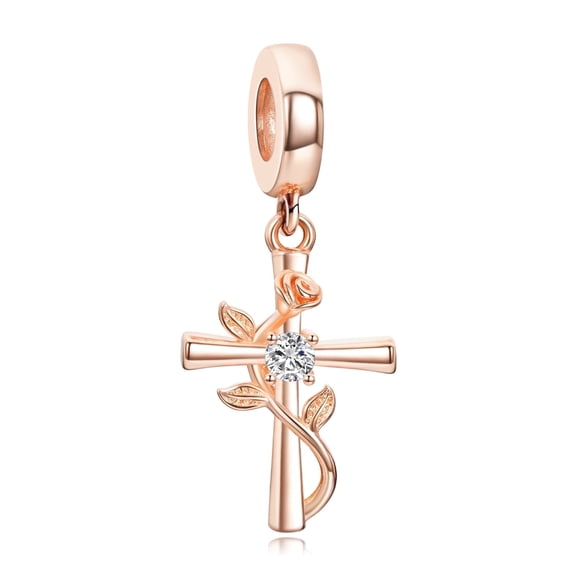NINGAN Rose Gold Floral Cross Faith Charm for Women Moment Charm Bracelet