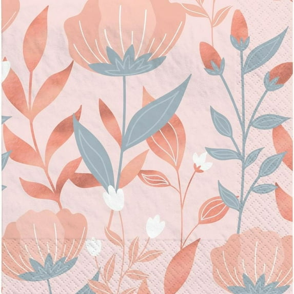 Rose Gold Floral Paper Lunch Napkins 40 Per Pack