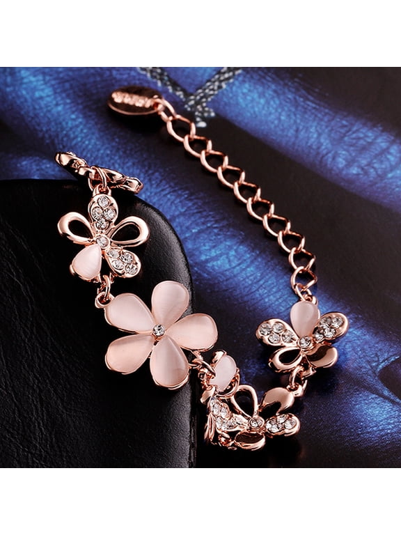 Rose Gold Flower Bracelet Eco-friendly Hollow Petals Wrist Jewelry Decorated with Crystal Beads for Women