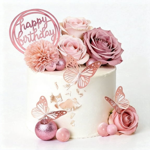 Rose Gold Flower Cake Topper Set - Happy Birthday Cake Decorations with Artificial Roses, Butterflies, and Decorative Balls for Wedding, Baby Shower, Anniversary, and Party Supplies - Multi-Piece Set