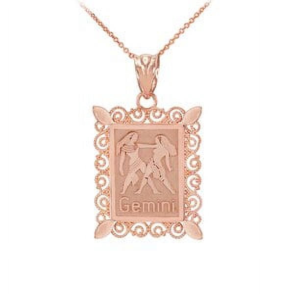 Rose Gold Gemini Zodiac Sign Filigree Square Pendant Necklace