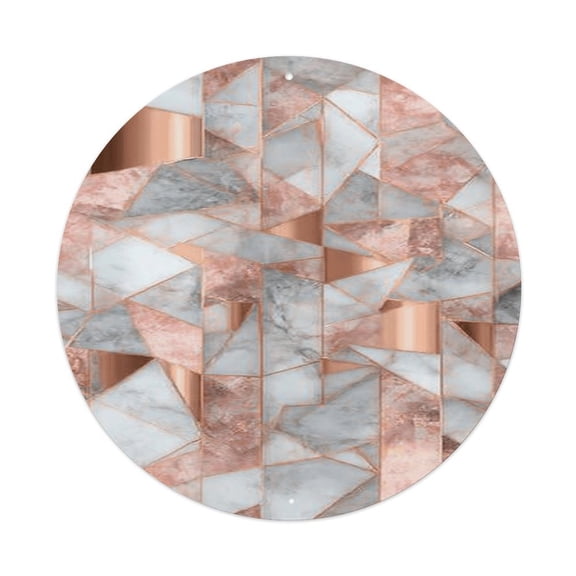 Rose Gold Geometric Marble7.9x7.9in Round Aluminum Plaque Wall Art, UV Printed Vintage Metal Sign with Pre-Drilled Holes for Home Bar Garage Cafe Decor