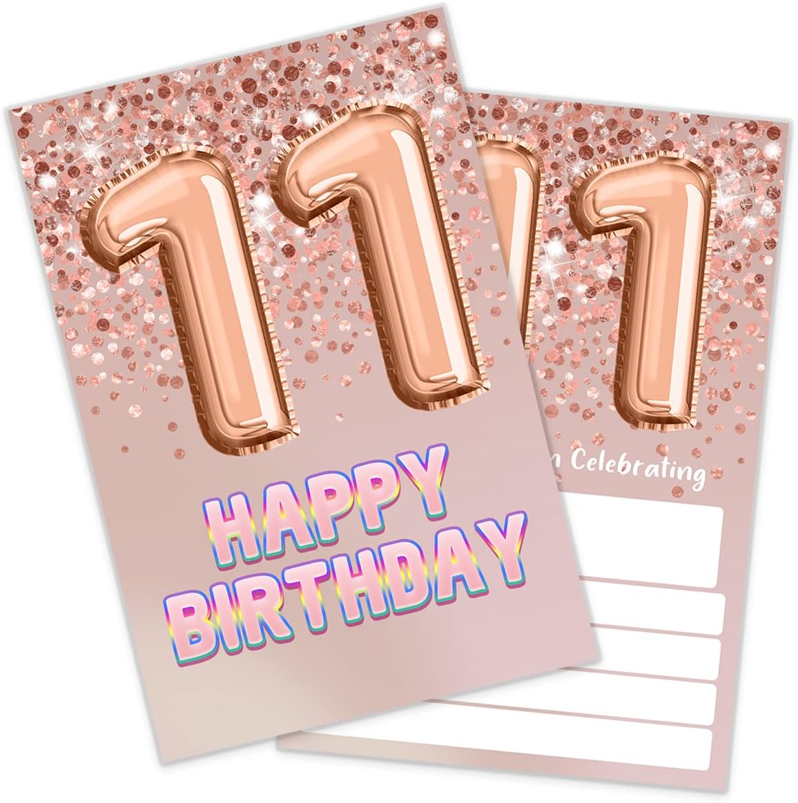 Rose Gold Glitter 11th Birthday Party Invitation for Girls (20 Invites