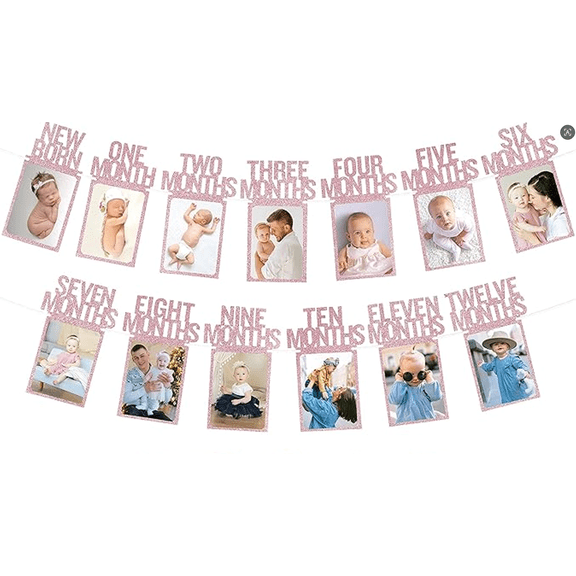Rose Gold Glitter Baby Monthly Photo Frame Banner, Newborn to 12 Months Milestone Garland for Infant 1 Year Birthday Party Supplies