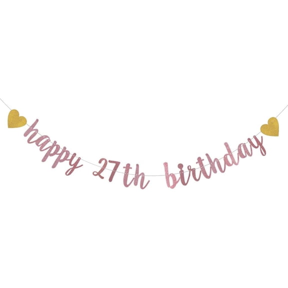 Rose Gold Glitter Banner,Pre-Strung,27th Birthday Party Decorations Bunting Sign Backdrops,Happy 27th Birthday