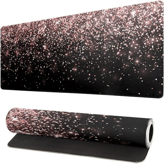 Rose Gold Glitter Black Gaming Mouse Pad, Extended Large Mouse Mat Desk Pad, Desk Mat XL Mouse pad, 3mm Thick Long Non-Slip Rubber Base Mice Pad, 31.5 X 11.8 Inch