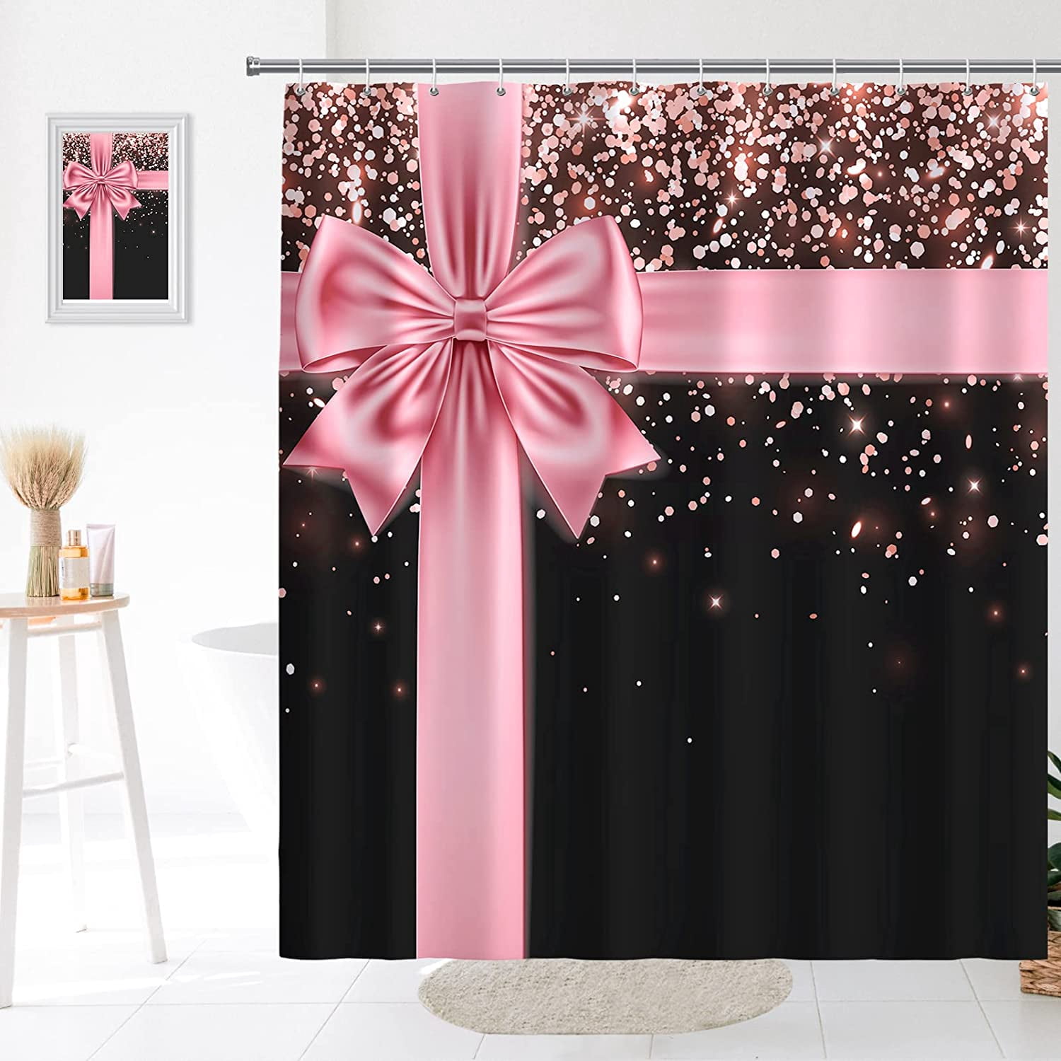 Rose Gold Glitter Bling Shower Curtain,Pink Bow Shower Curtain Bathroom Decor for Women Girl with 12 Hooks Christmas Birthday Elements Washable Durable Polyester Fabric 72x72 Inches