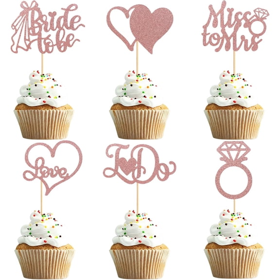 Rose Gold Glitter Bridal Shower Cupcake Toppers, Bride to Be, Miss to Mrs, I Do, Love, Diamond Ring, 12 Pack